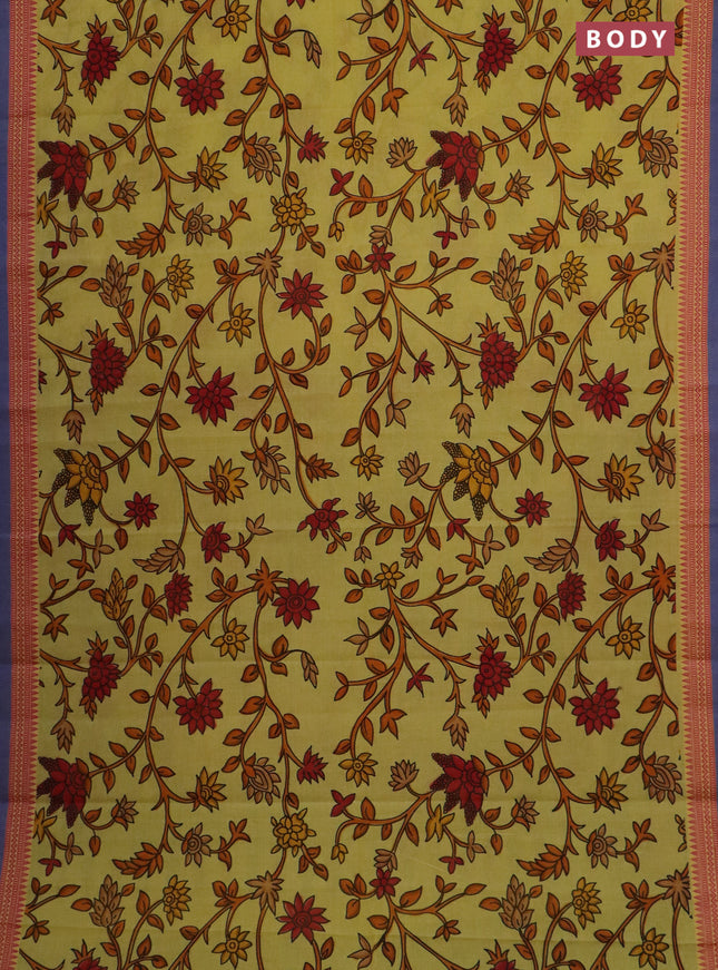 Mangalgiri cotton saree yellow and pink blue with allover floral prints and thread woven simple