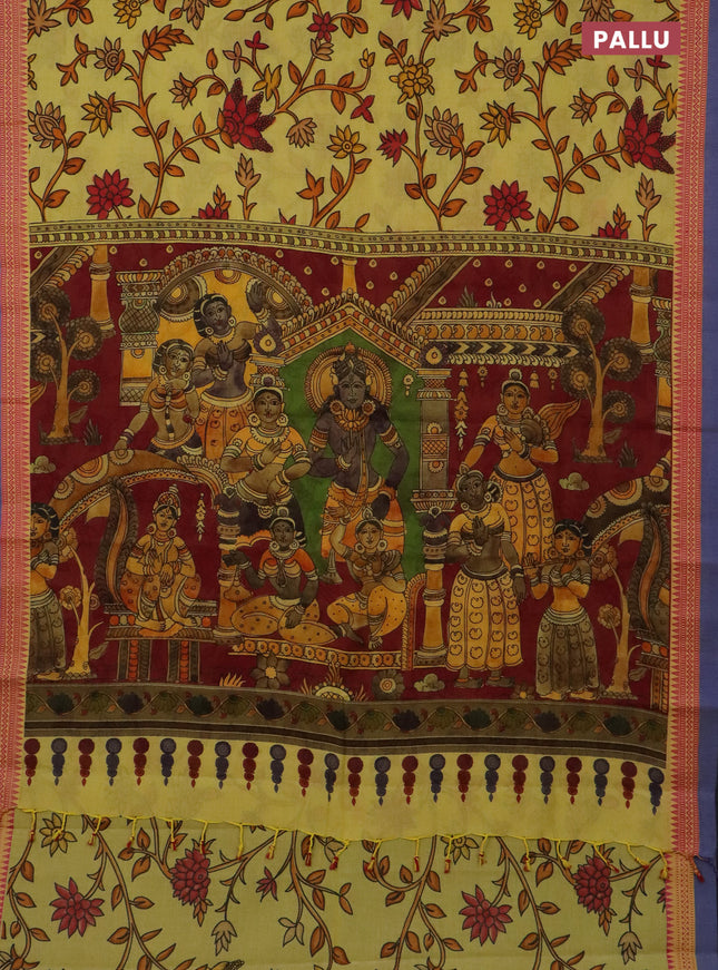 Mangalgiri cotton saree yellow and pink blue with allover floral prints and thread woven simple