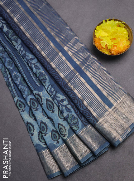 Semi chanderi saree indigo blue with allover vanaspathi prints and zari woven border