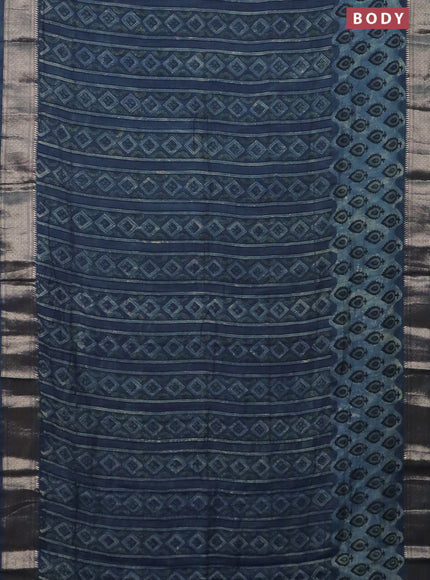 Semi chanderi saree indigo blue with allover vanaspathi prints and zari woven border