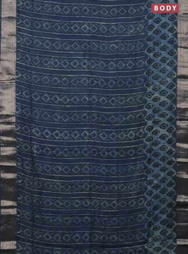 Semi chanderi saree indigo blue with allover vanaspathi prints and zari woven border