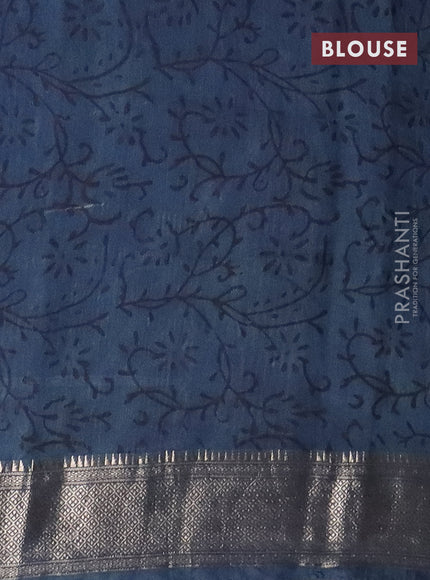 Semi chanderi saree indigo blue with allover vanaspathi prints and zari woven border