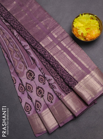 Semi chanderi saree pastel lavender with allover vanaspathi prints and zari woven border