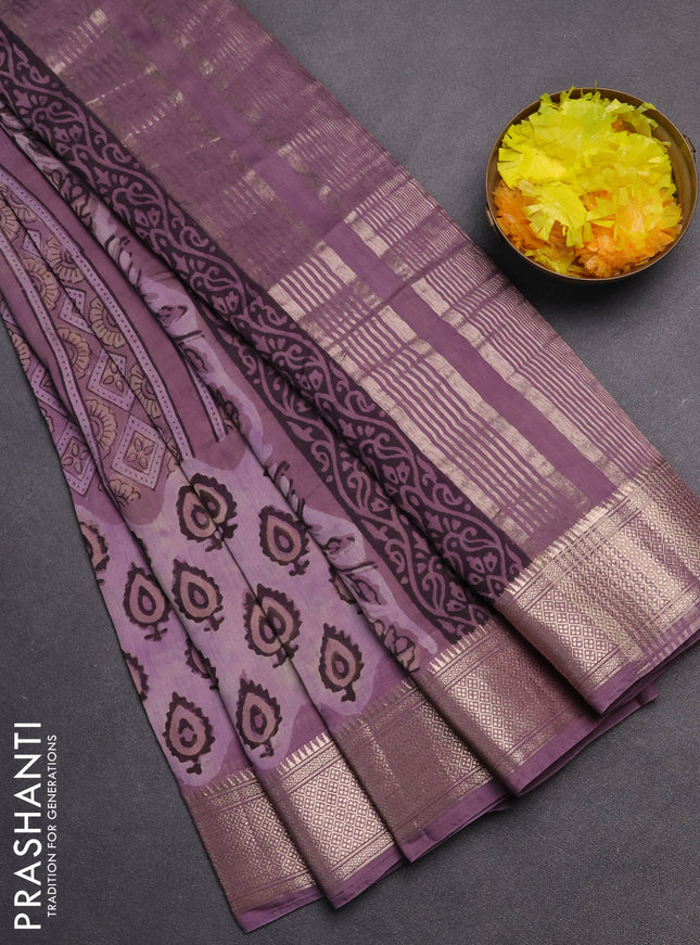 Semi chanderi saree pastel lavender with allover vanaspathi prints and zari woven border