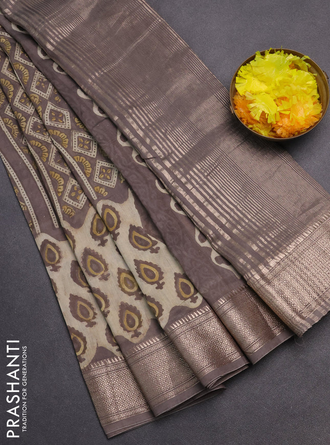 Semi chanderi saree beige and grey shade with allover vanaspathi prints and zari woven border