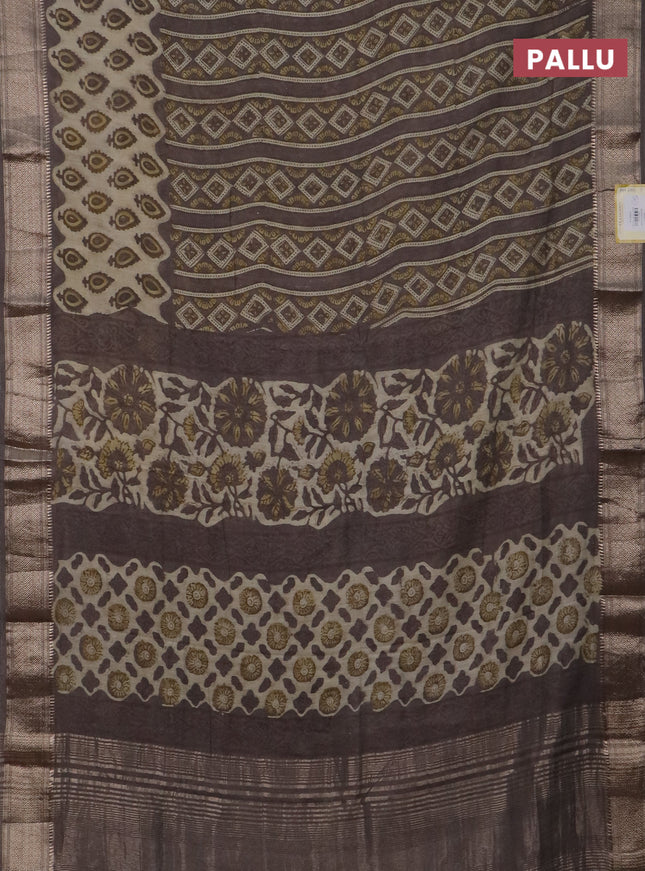 Semi chanderi saree beige and grey shade with allover vanaspathi prints and zari woven border