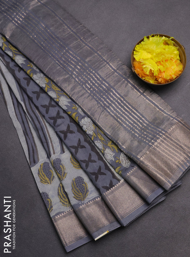 Semi chanderi saree pastel grey and grey with allover stripes pattern and zari woven border