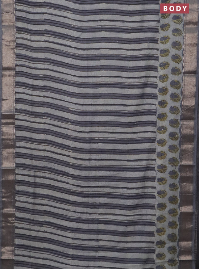 Semi chanderi saree pastel grey and grey with allover stripes pattern and zari woven border