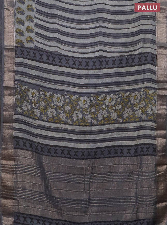 Semi chanderi saree pastel grey and grey with allover stripes pattern and zari woven border