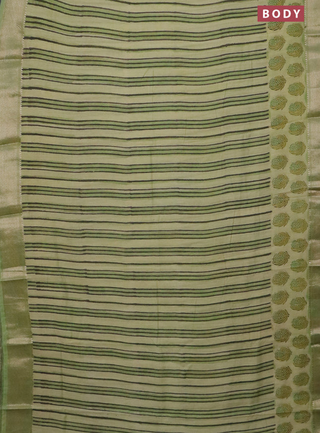 Semi chanderi saree pista green with allover stripes pattern and zari woven border