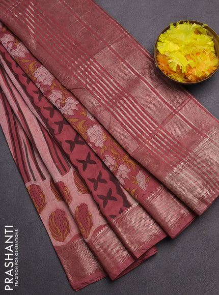 Semi chanderi saree pastel peach and pastel pink with allover stripes pattern and zari woven border