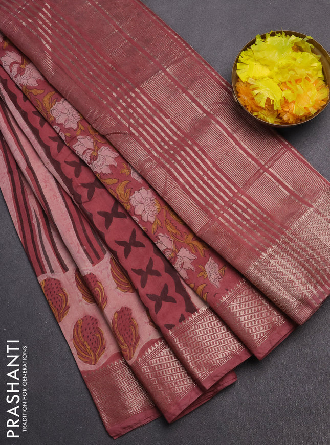 Semi chanderi saree pastel peach and pastel pink with allover stripes pattern and zari woven border