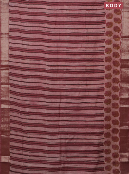 Semi chanderi saree pastel peach and pastel pink with allover stripes pattern and zari woven border