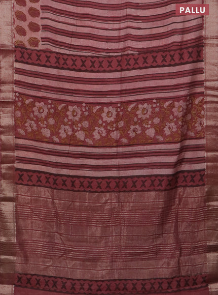 Semi chanderi saree pastel peach and pastel pink with allover stripes pattern and zari woven border