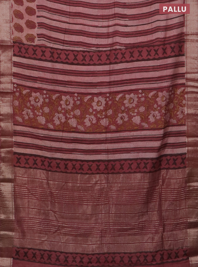 Semi chanderi saree pastel peach and pastel pink with allover stripes pattern and zari woven border