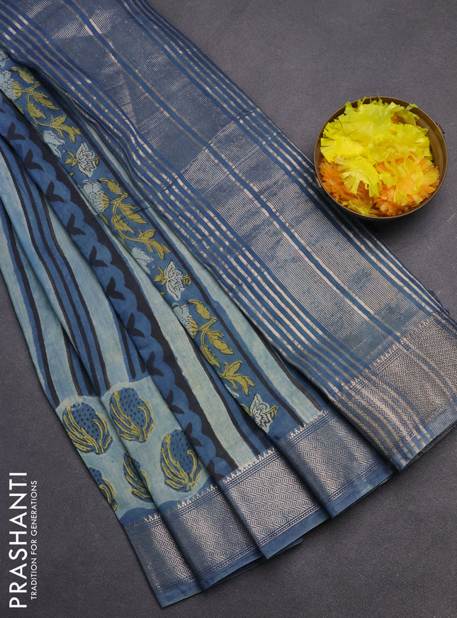 Semi chanderi saree pastel blue and blue shade with allover stripes pattern and zari woven border