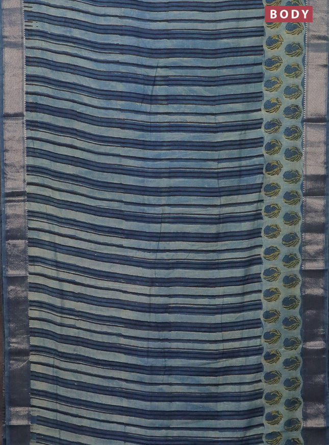 Semi chanderi saree pastel blue and blue shade with allover stripes pattern and zari woven border