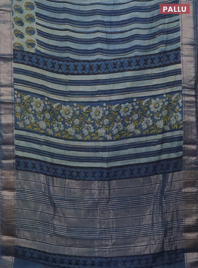 Semi chanderi saree pastel blue and blue shade with allover stripes pattern and zari woven border