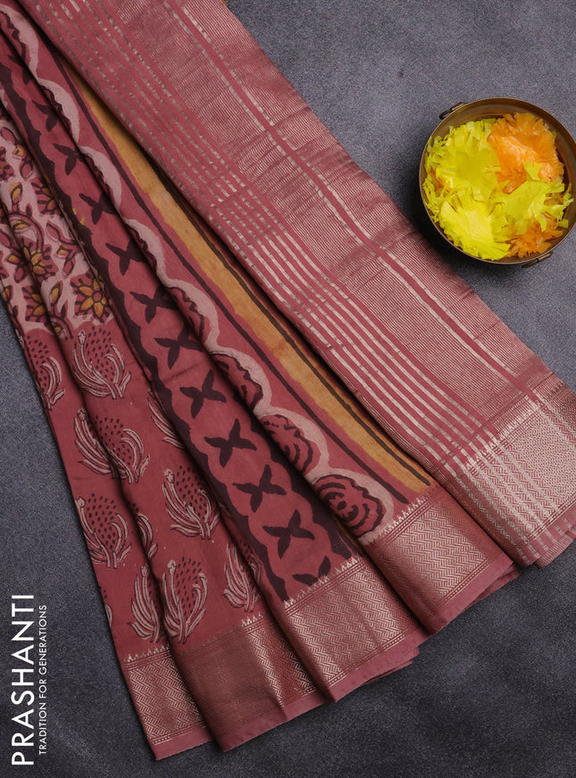 Semi chanderi saree pastel peach with allover vanaspathi prints and zari woven border