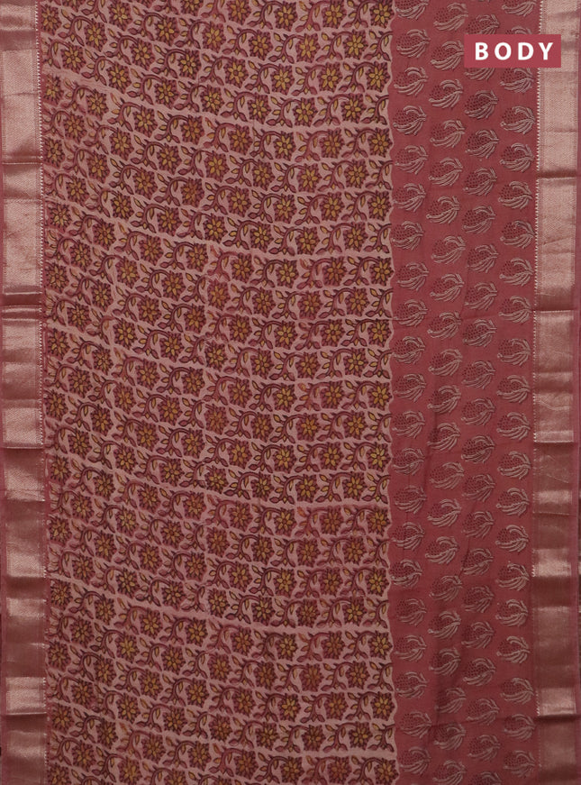 Semi chanderi saree pastel peach with allover vanaspathi prints and zari woven border