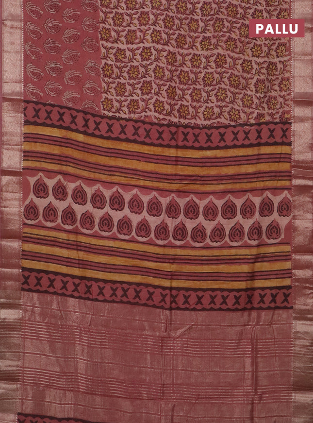 Semi chanderi saree pastel peach with allover vanaspathi prints and zari woven border