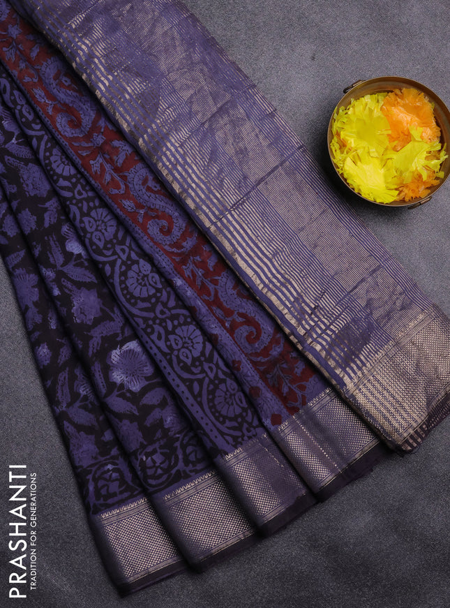 Semi chanderi saree black and blue shade with allover vanaspathi prints and zari woven border