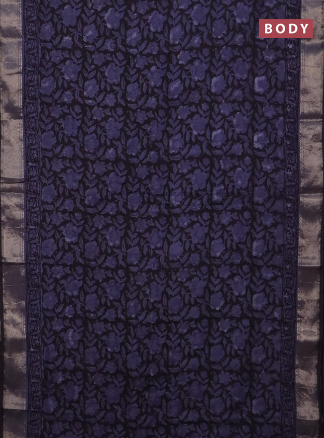 Semi chanderi saree black and blue shade with allover vanaspathi prints and zari woven border