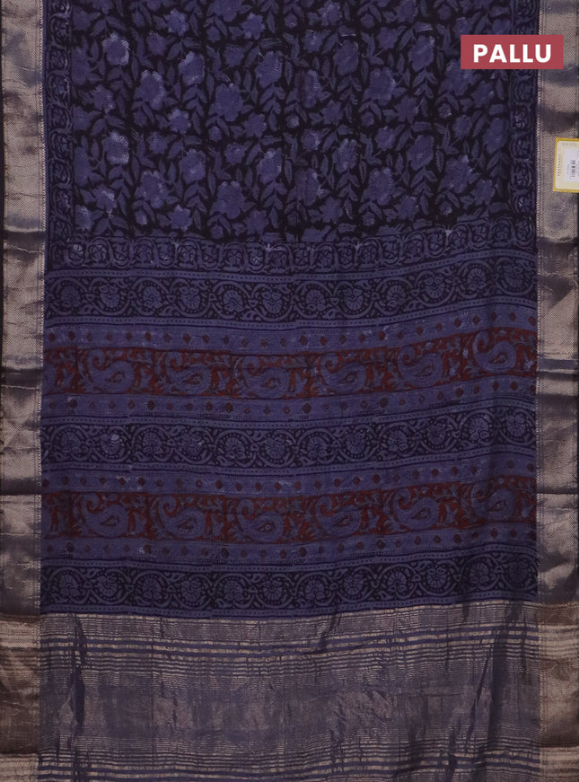 Semi chanderi saree black and blue shade with allover vanaspathi prints and zari woven border