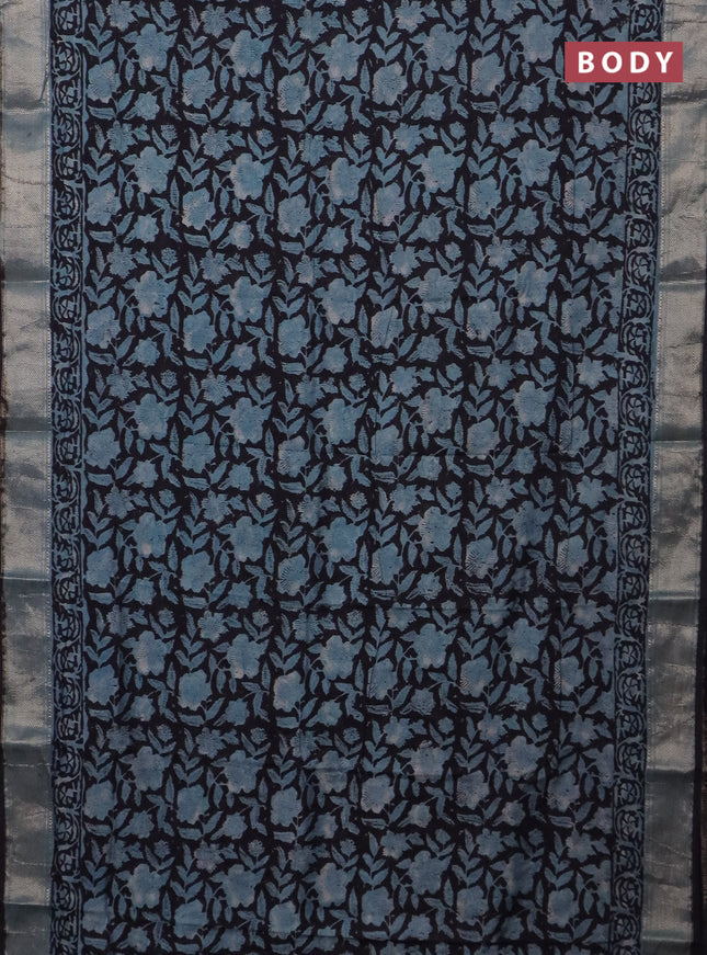 Semi chanderi saree pastel green and black with allover vanaspathi prints and zari woven border