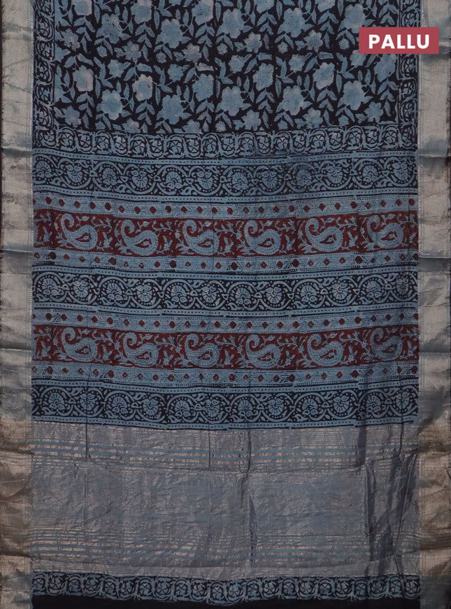 Semi chanderi saree pastel green and black with allover vanaspathi prints and zari woven border