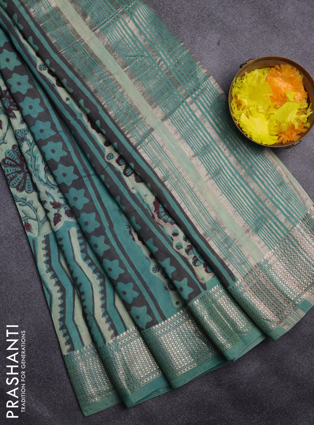 Semi chanderi saree pista green and teal shade with allover vanaspathi prints and zari woven border