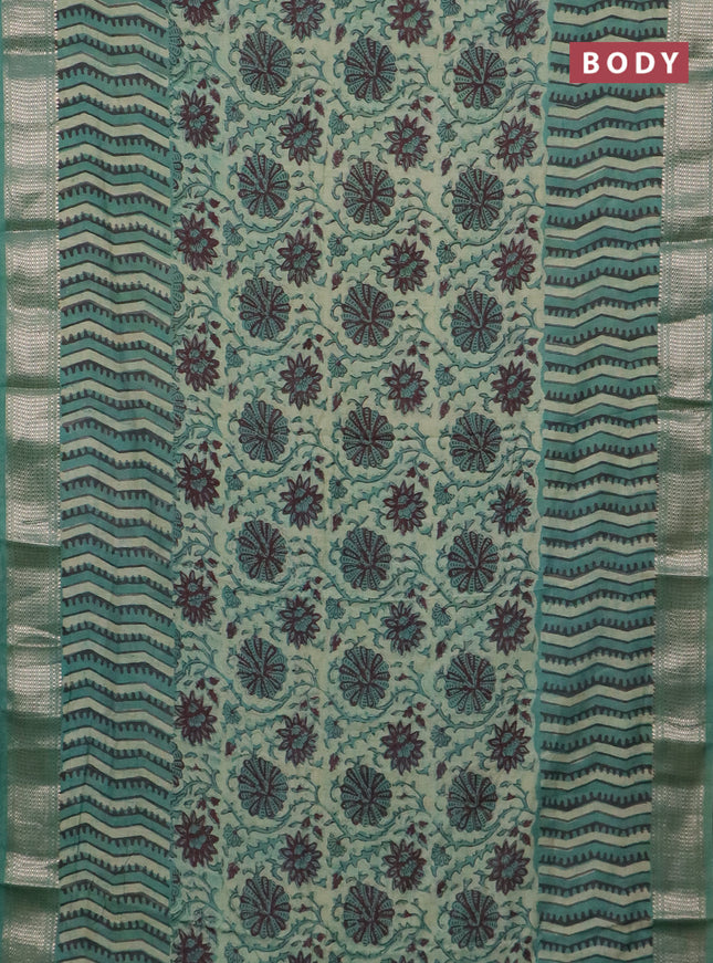 Semi chanderi saree pista green and teal shade with allover vanaspathi prints and zari woven border