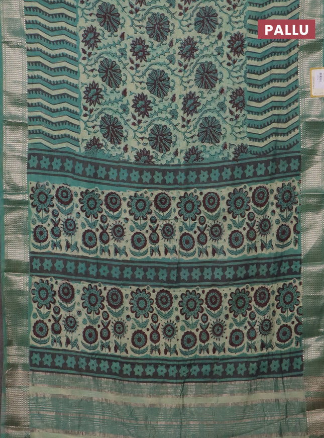 Semi chanderi saree pista green and teal shade with allover vanaspathi prints and zari woven border
