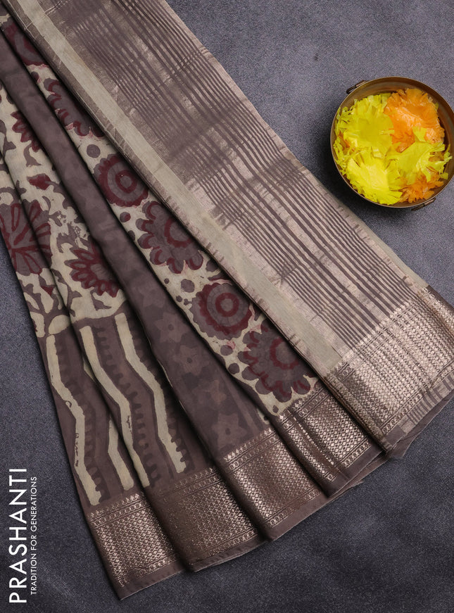 Semi chanderi saree beige and grey shade with allover vanaspathi prints and zari woven border