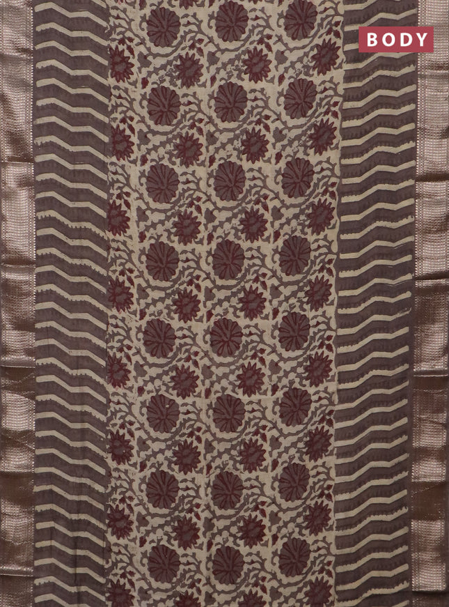 Semi chanderi saree beige and grey shade with allover vanaspathi prints and zari woven border