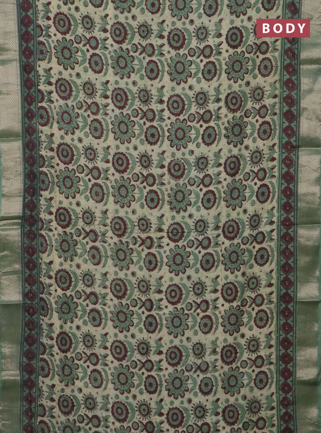 Semi chanderi saree pista green and teal shade with allover vanaspathi prints and zari woven border