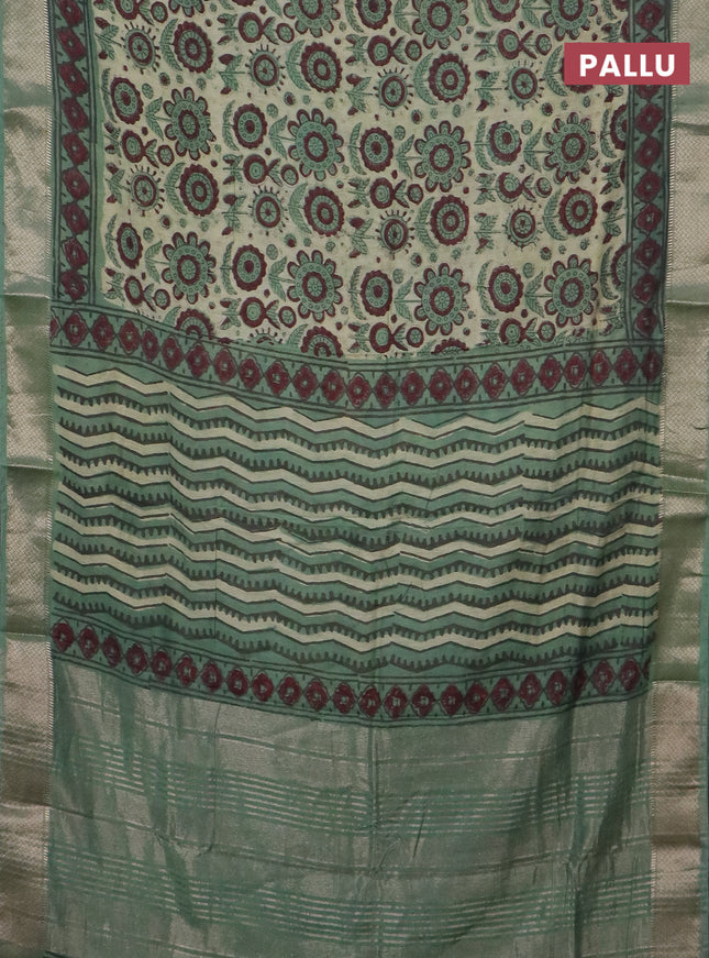 Semi chanderi saree pista green and teal shade with allover vanaspathi prints and zari woven border