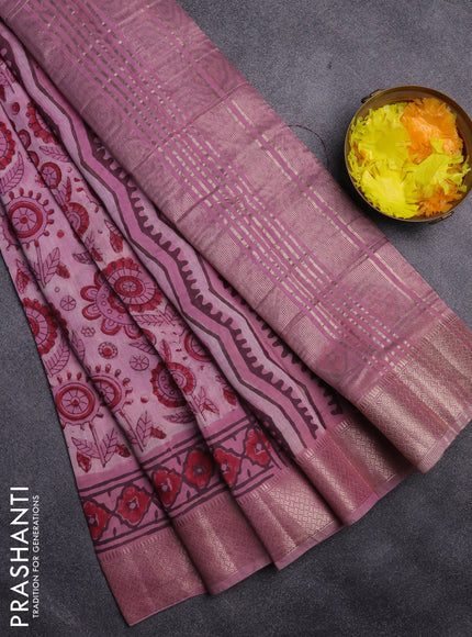 Semi chanderi saree pastel pink with allover vanaspathi prints and zari woven border