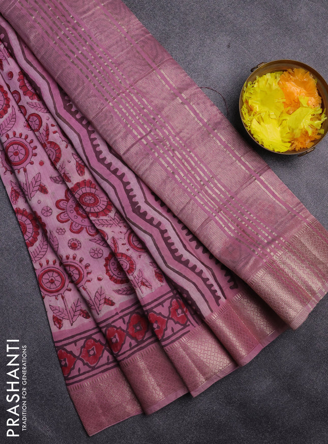 Semi chanderi saree pastel pink with allover vanaspathi prints and zari woven border