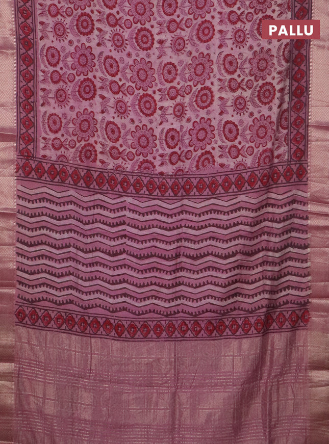 Semi chanderi saree pastel pink with allover vanaspathi prints and zari woven border