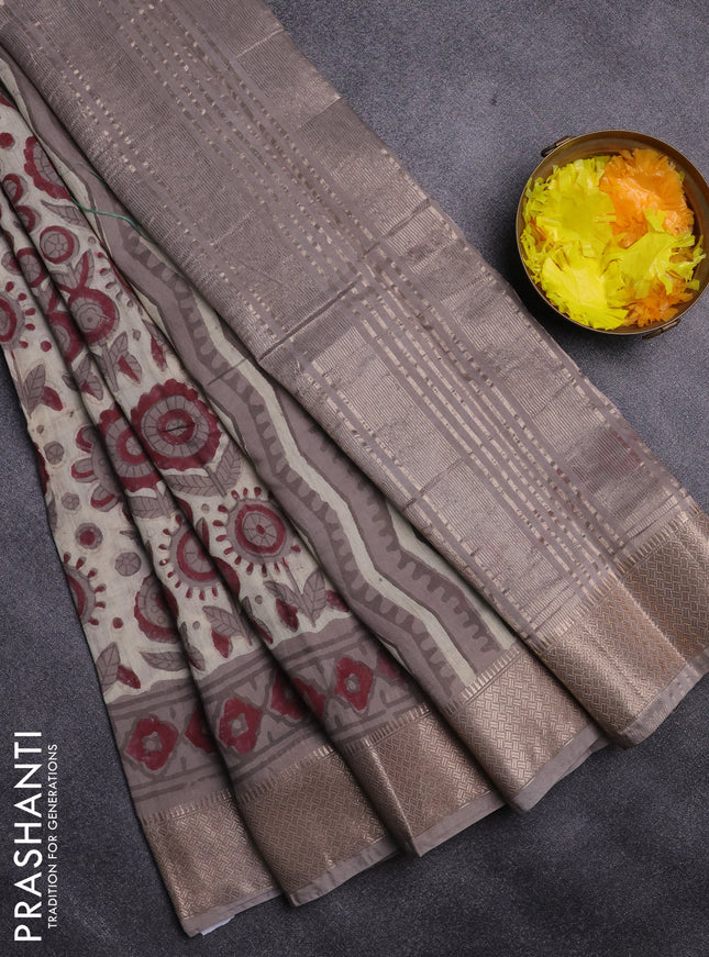 Semi chanderi saree beige and grey shade with allover vanaspathi prints and zari woven border