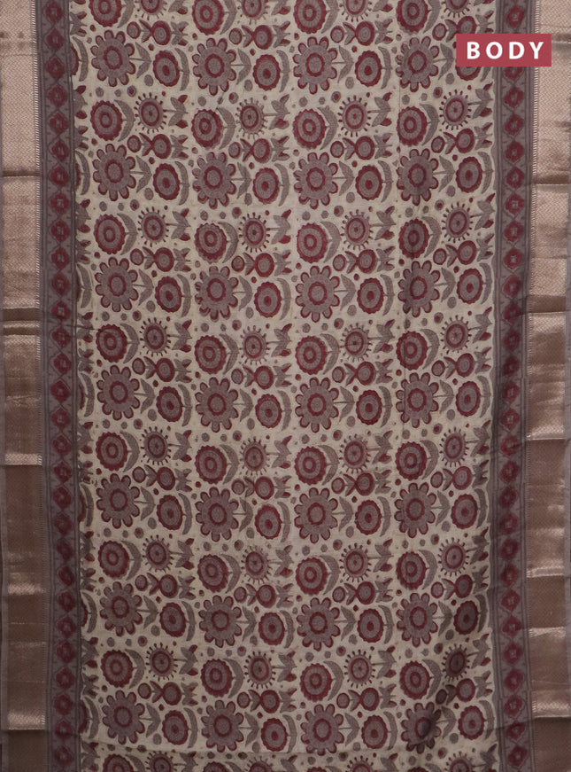 Semi chanderi saree beige and grey shade with allover vanaspathi prints and zari woven border