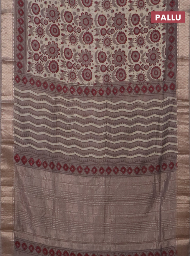 Semi chanderi saree beige and grey shade with allover vanaspathi prints and zari woven border