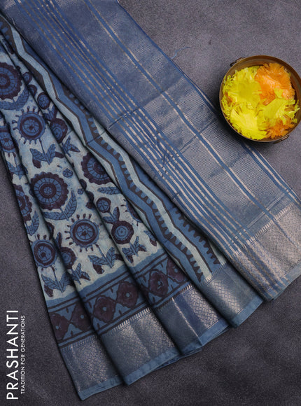 Semi chanderi saree pastel blue with allover vanaspathi prints and zari woven border