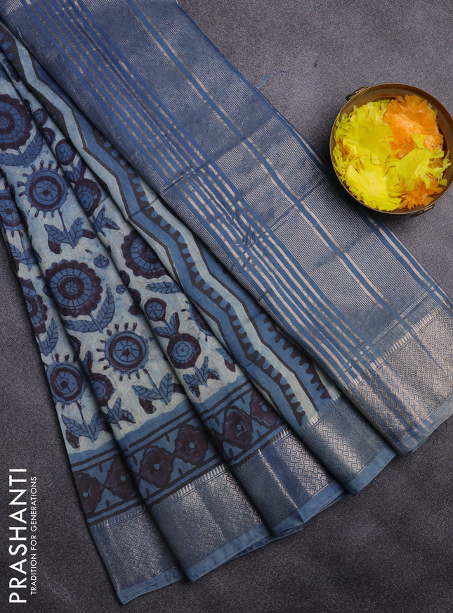 Semi chanderi saree pastel blue with allover vanaspathi prints and zari woven border