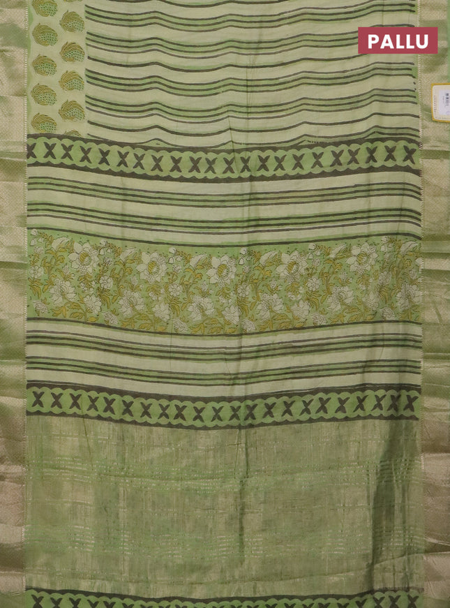 Semi chanderi saree pista green and light green with allover stripes pattern and zari woven border