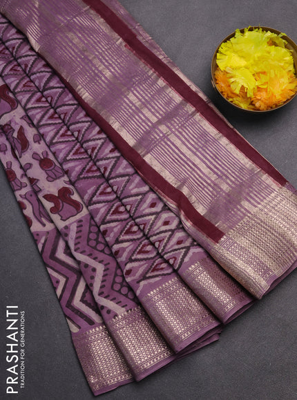 Semi chanderi saree beige and pastel purple with allover vanaspathi prints and zari woven border