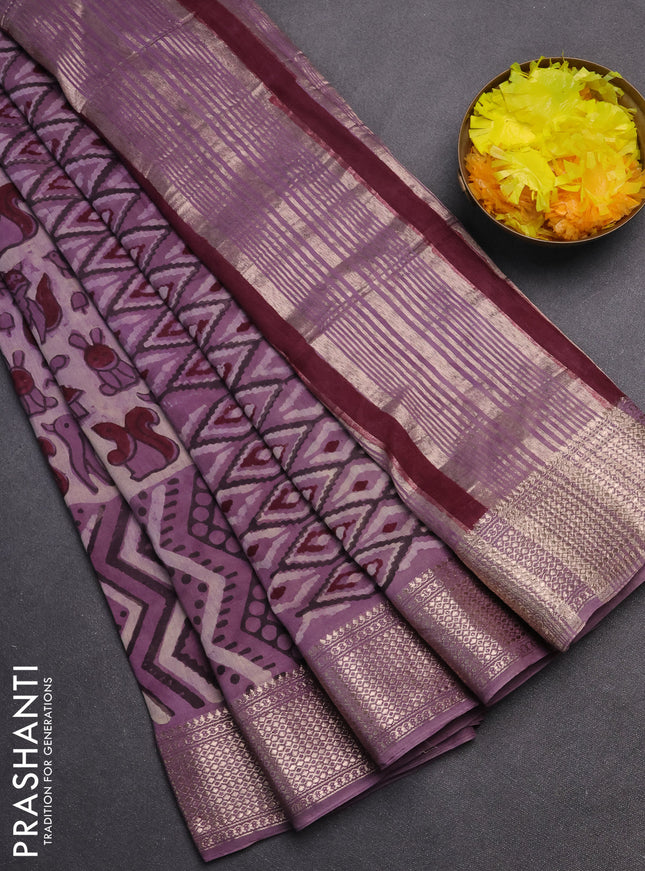 Semi chanderi saree beige and pastel purple with allover vanaspathi prints and zari woven border