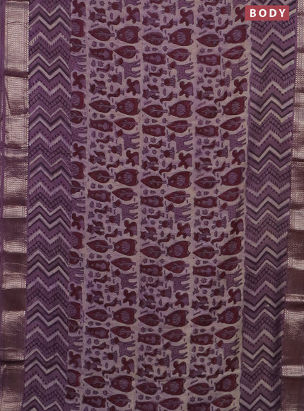 Semi chanderi saree beige and pastel purple with allover vanaspathi prints and zari woven border