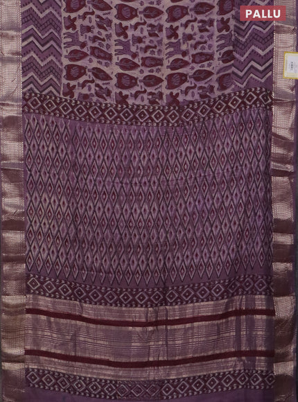 Semi chanderi saree beige and pastel purple with allover vanaspathi prints and zari woven border